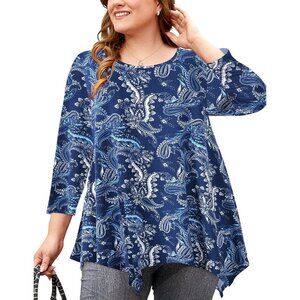 Larace Tunic Top Plus Size 2X Paisley Scoop Neck 3/4 Sleeve Rayon Blue Bohemian